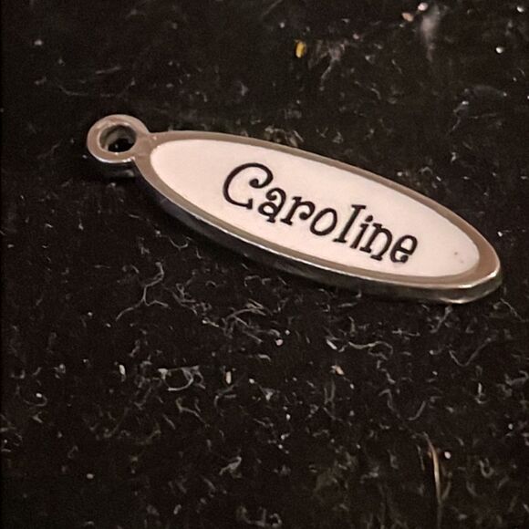 1” silver tone and white enamel charm/pendant embossed “Caroline” & jump hoop - Picture 3 of 9